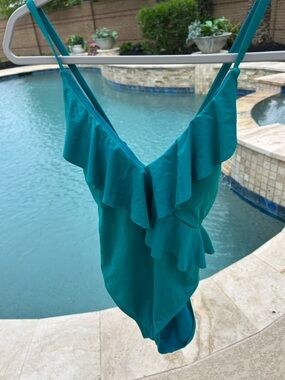 Kenneth Cole Reaction Teal Ruffle One-Piece Swimsuit